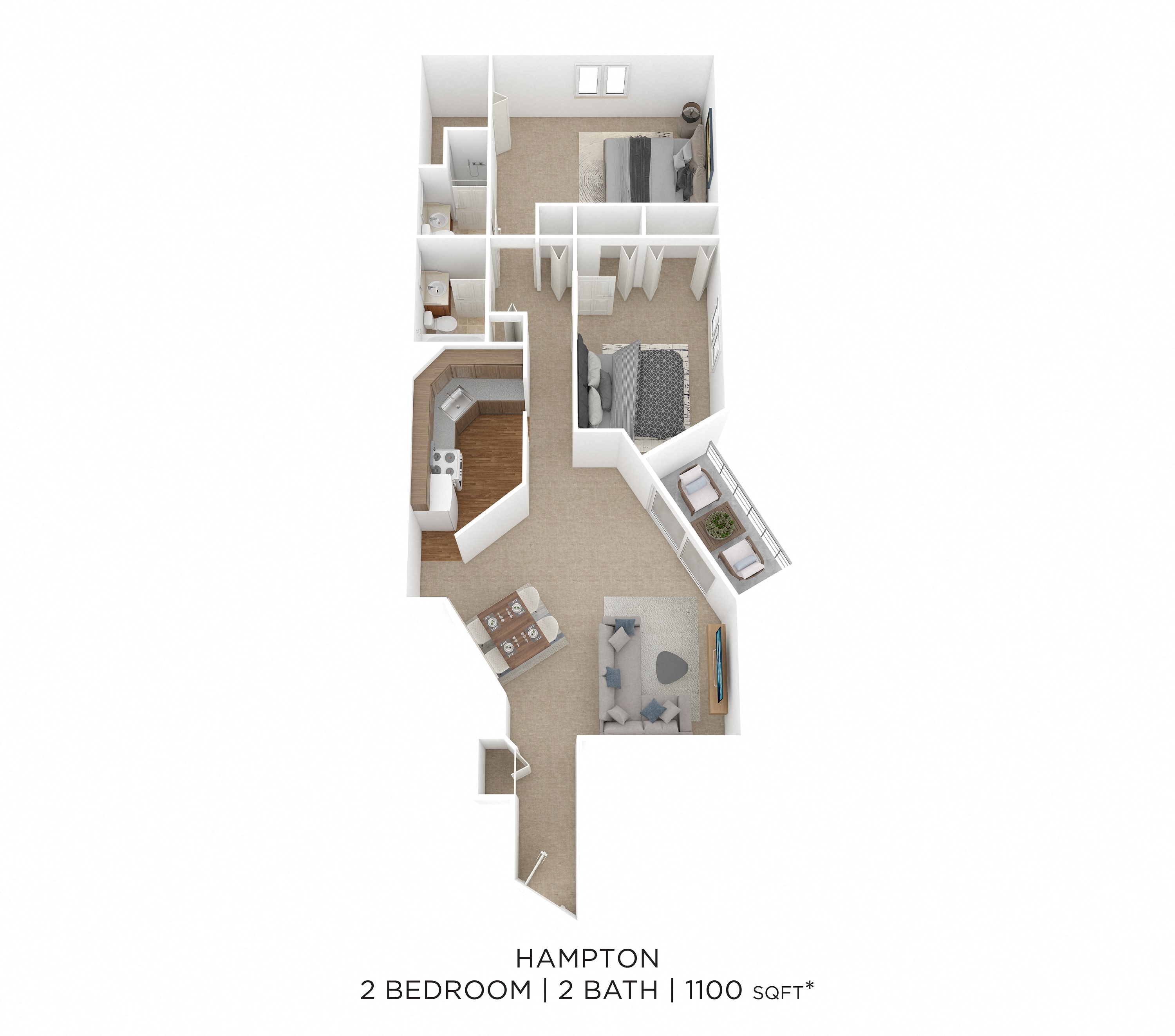 Two Bedroom 2 Bath- 1,100 sqft