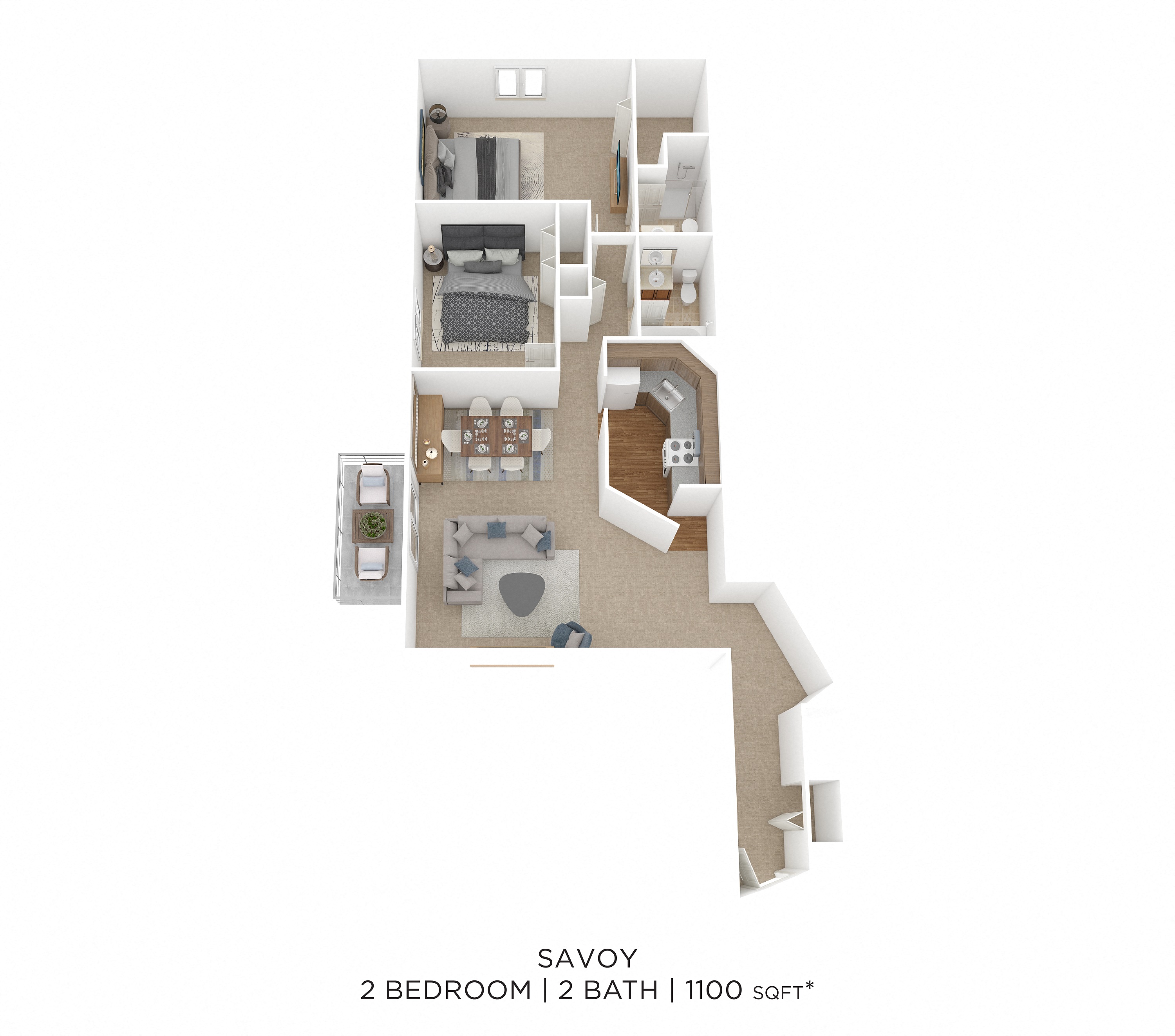 Two Bedroom 2 Bath- 1,100 sqft