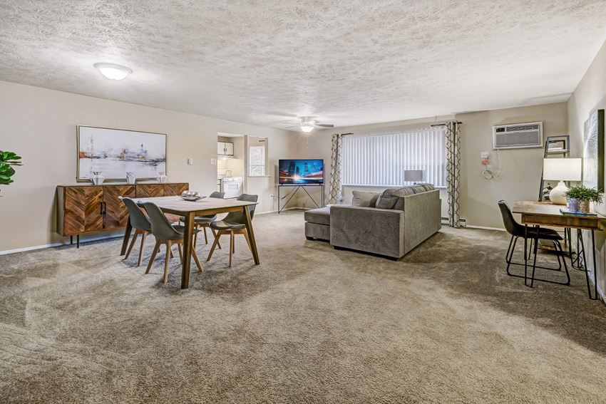 our apartments have a living room and dining room with a table and chairs