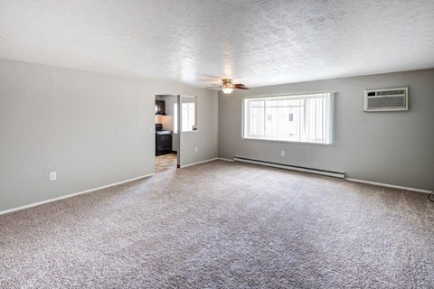 A spacious room with a carpeted floor and a ceiling fan.