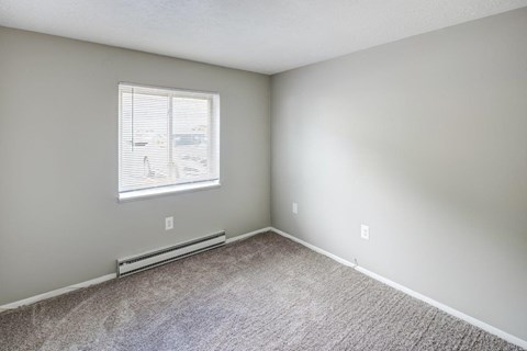 A room with a carpeted floor and a window with blinds.