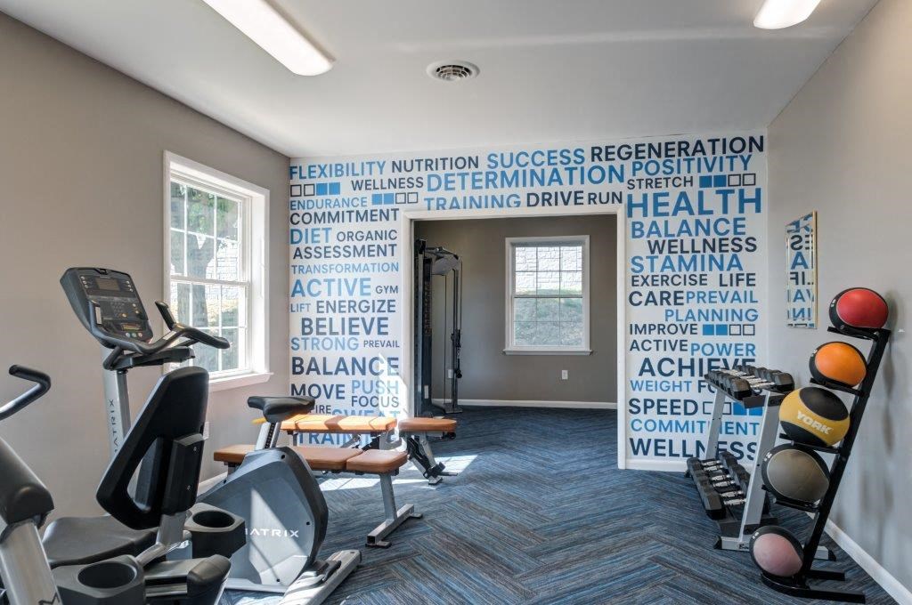 a gym with weights and exercise equipment and a wall mural