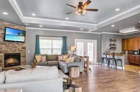 a living room with couches and a fireplace