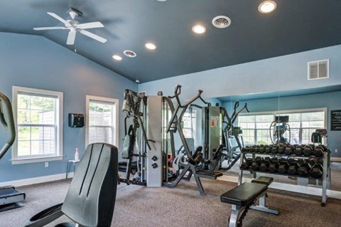 the gym has plenty of exercise equipment and windows