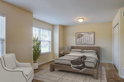 a bedroom with a bed and a chair and a plant