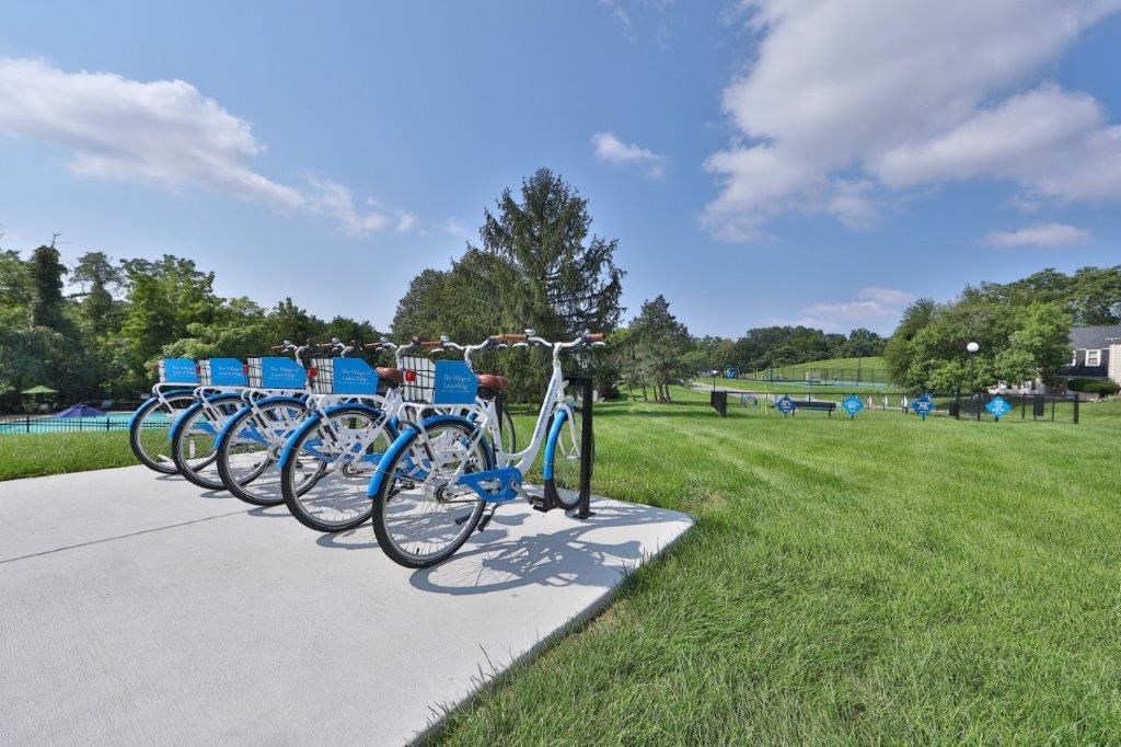 a row of bikes with blue seats parked on a sidewalk