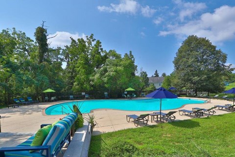 a swimming pool with tables and umbrellas in a park