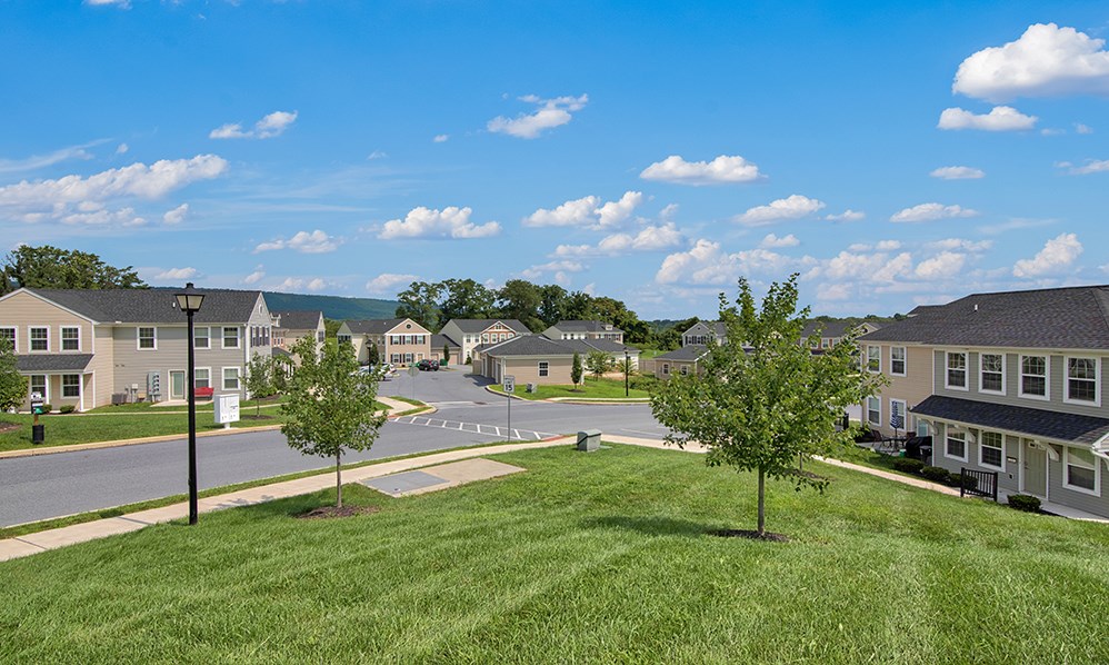 an aerial view of a row of houses on a street