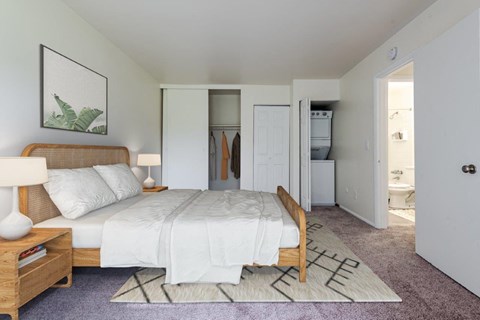 a bedroom with a bed and a closet and a bathroom