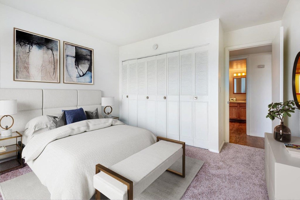 a bedroom with a bed and a closet