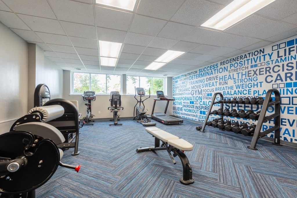 a gym with weights and other exercise equipment in a room with a wall of writing