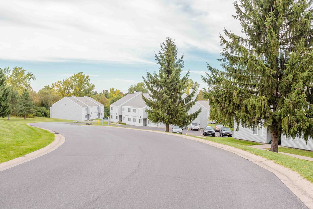 a street with houses and trees on the side of a road