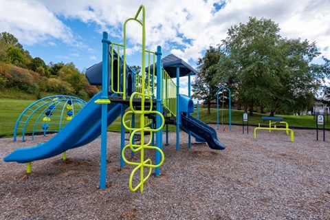 a playground at a park with a blue and yellow swing set
