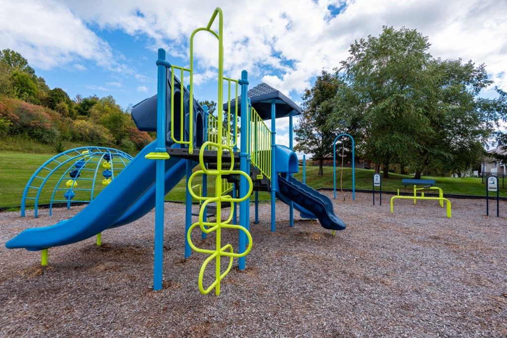 a playground at a park with a blue and yellow swing set