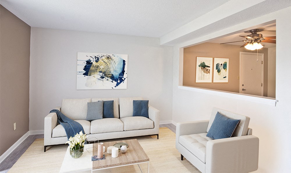 a living room with a couch and a coffee table