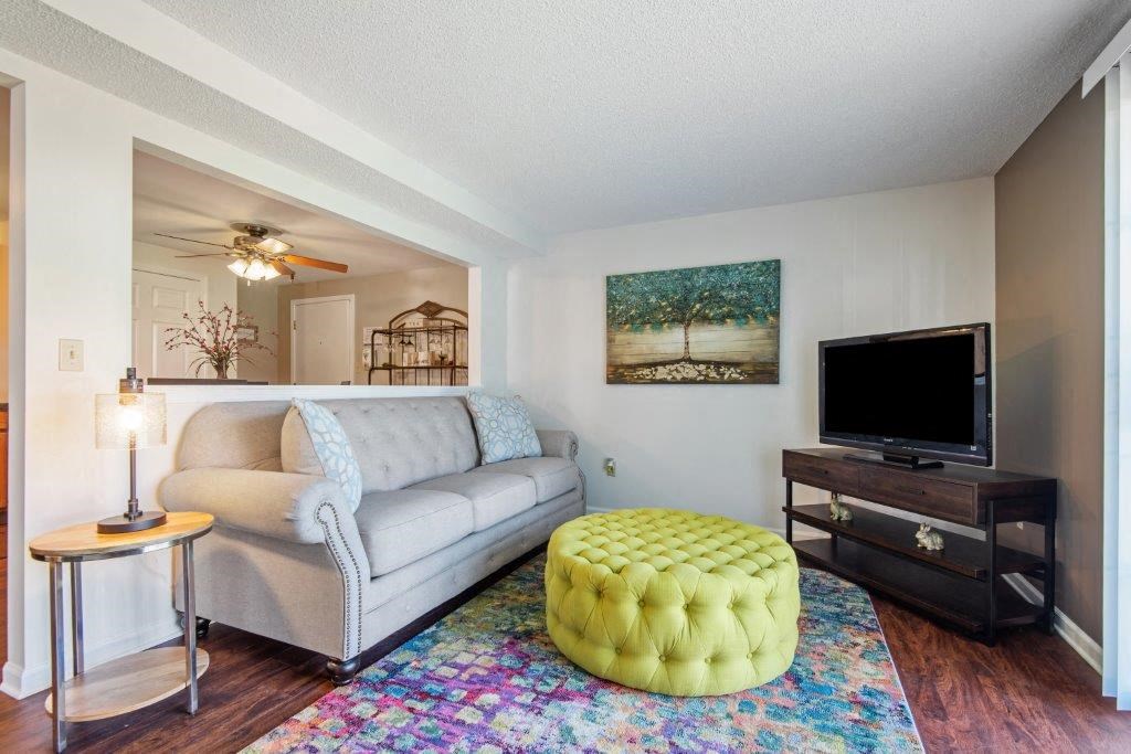 a living room with a couch and a television