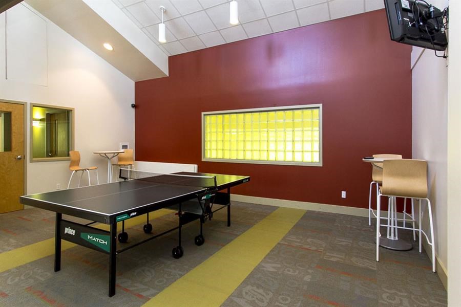 a game room with a ping pong table and a tv