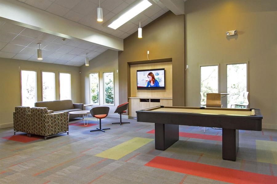 a game room with a pool table and a tv