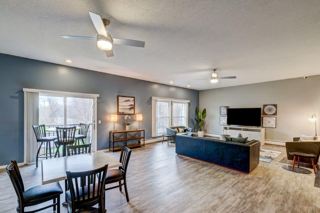 a living room with a couch and a table