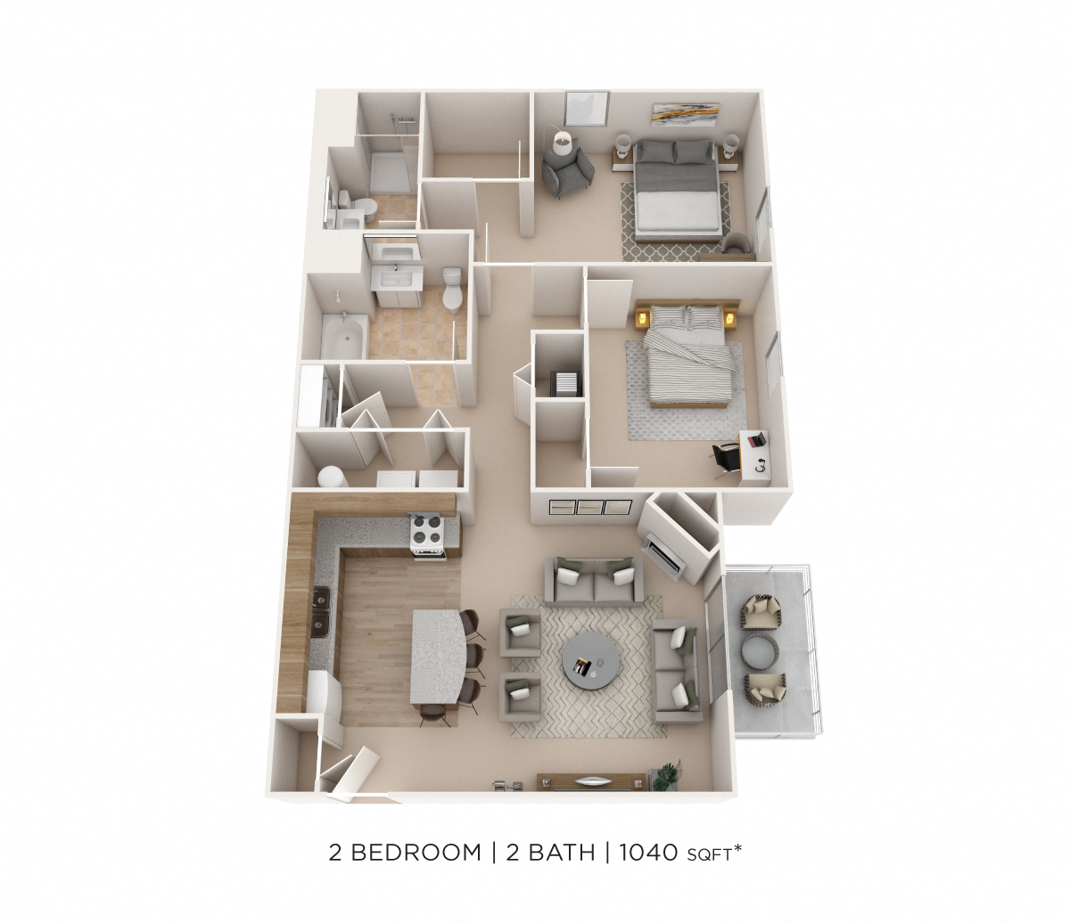 Two Bedroom  2 Bath- 1,040 sqft
