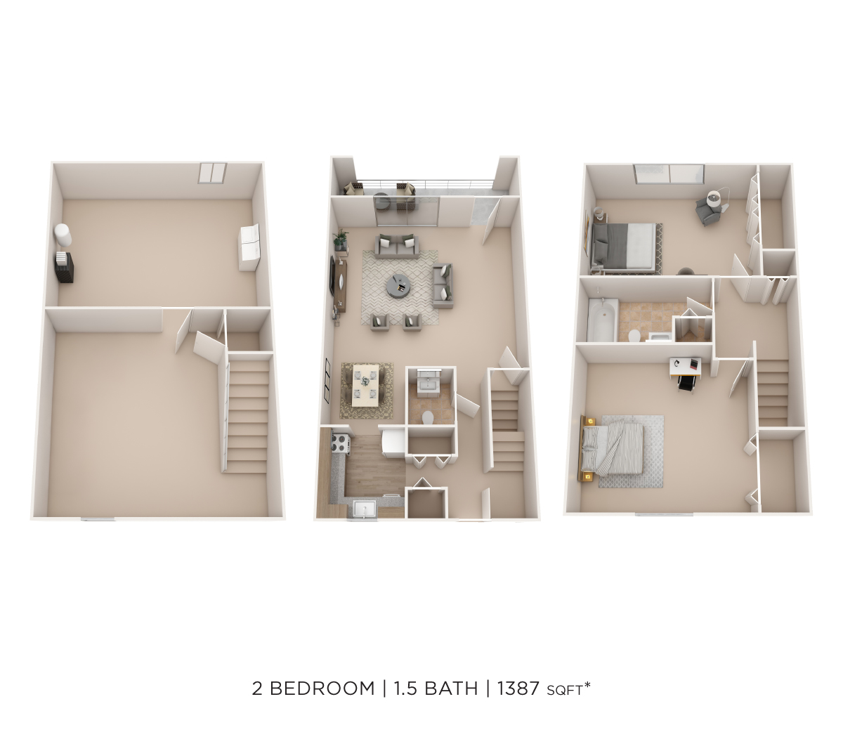 Two Bedroom 1.5 Bath Townhome - 1,387 sqft