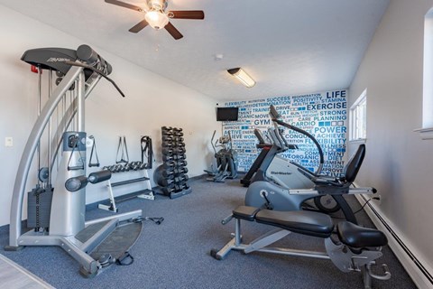 A home gym with a variety of exercise equipment.