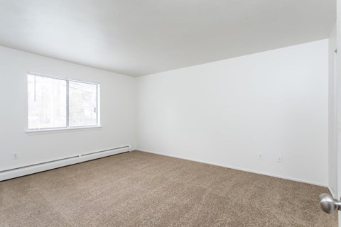 A room with a carpeted floor and a window.