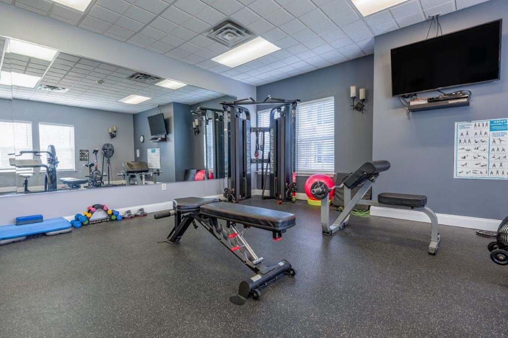 a gym with weights and other equipment in a room with a tv