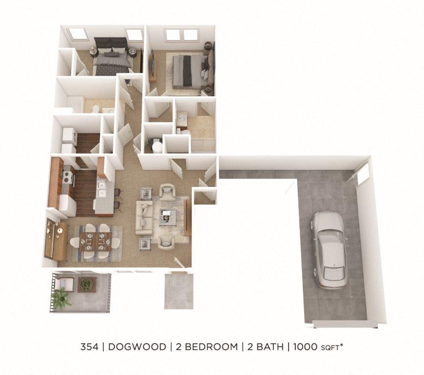 Two Bedroom 2 Bath- 1000 sqft