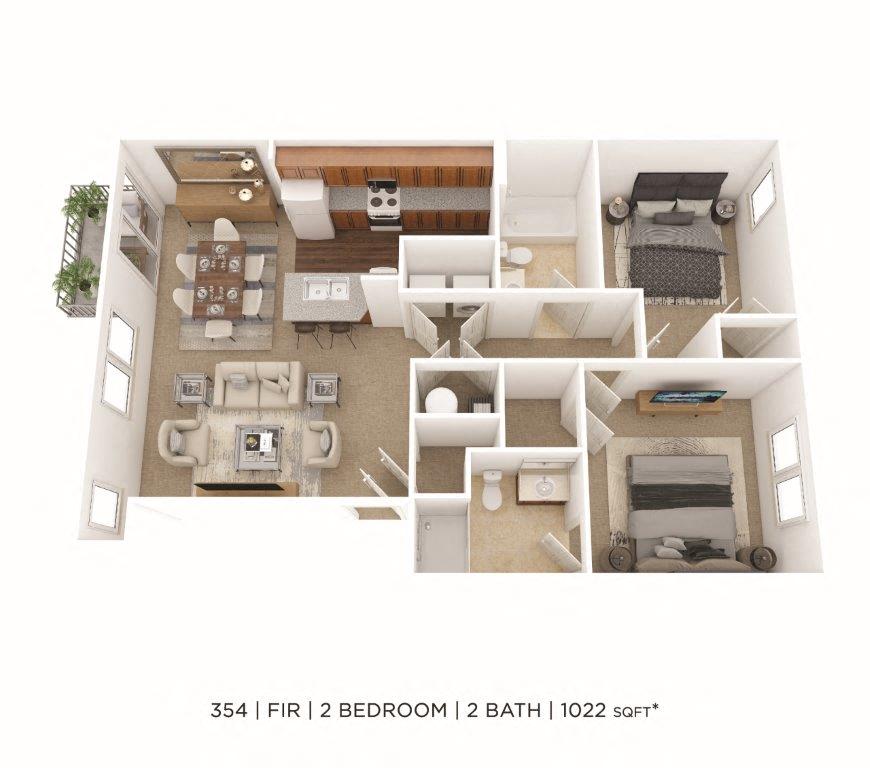 Two Bedroom 2 Bath- 1022 sqft
