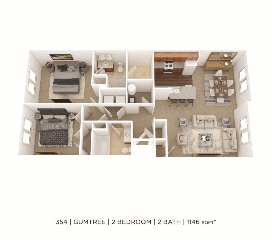 Two Bedroom 2 Bath- 1146 sqft