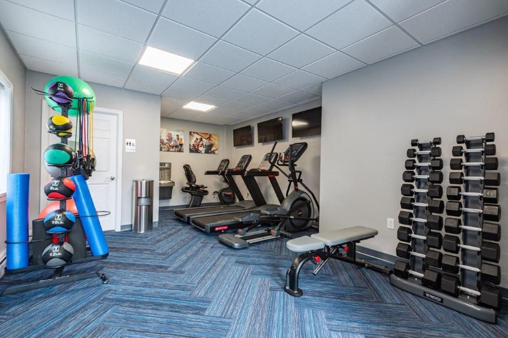 the gym in our new building is equipped with cardio equipment and weights