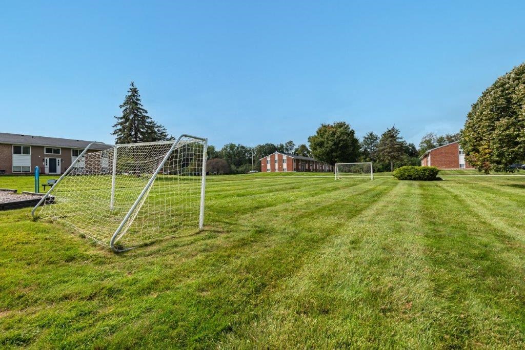 a soccer field with soccer goals on it