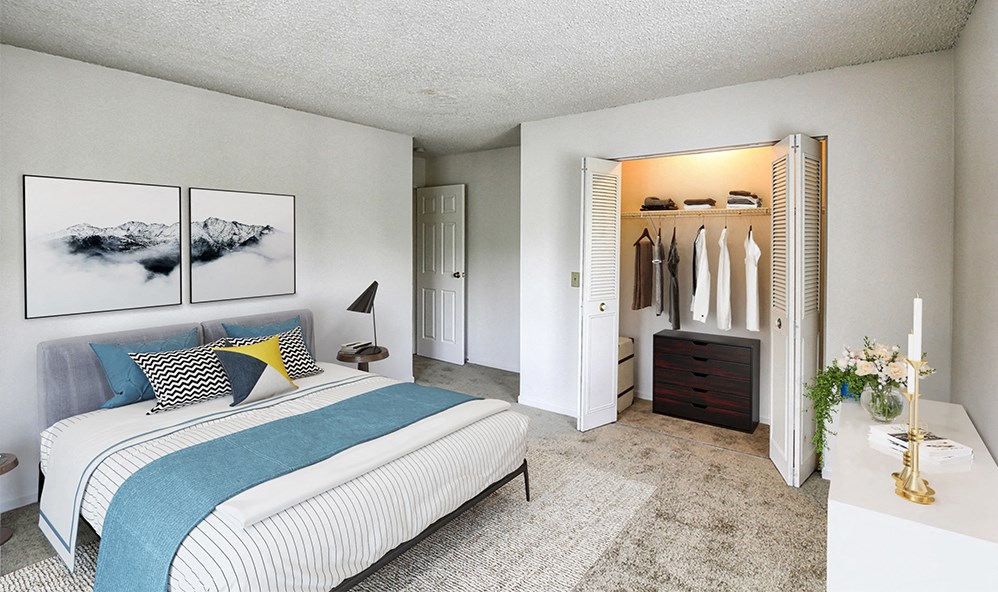 a bedroom with a bed and a closet