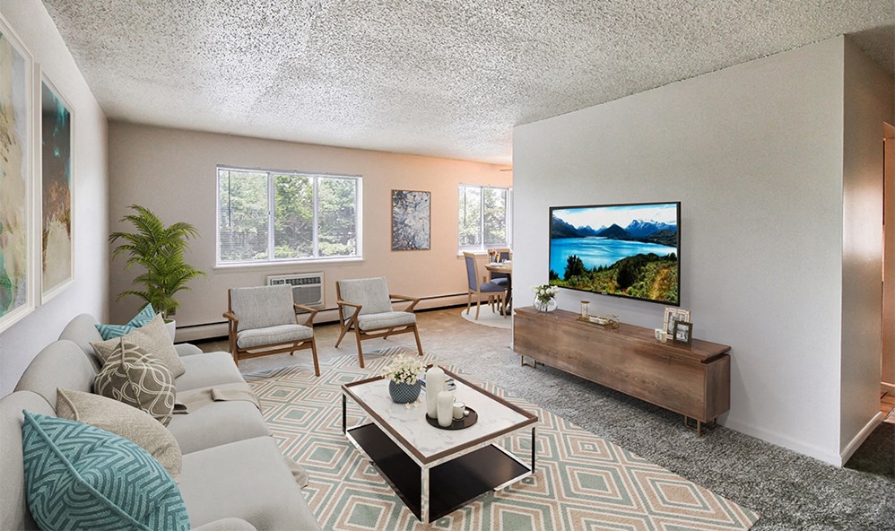 a living room with a couch and a tv