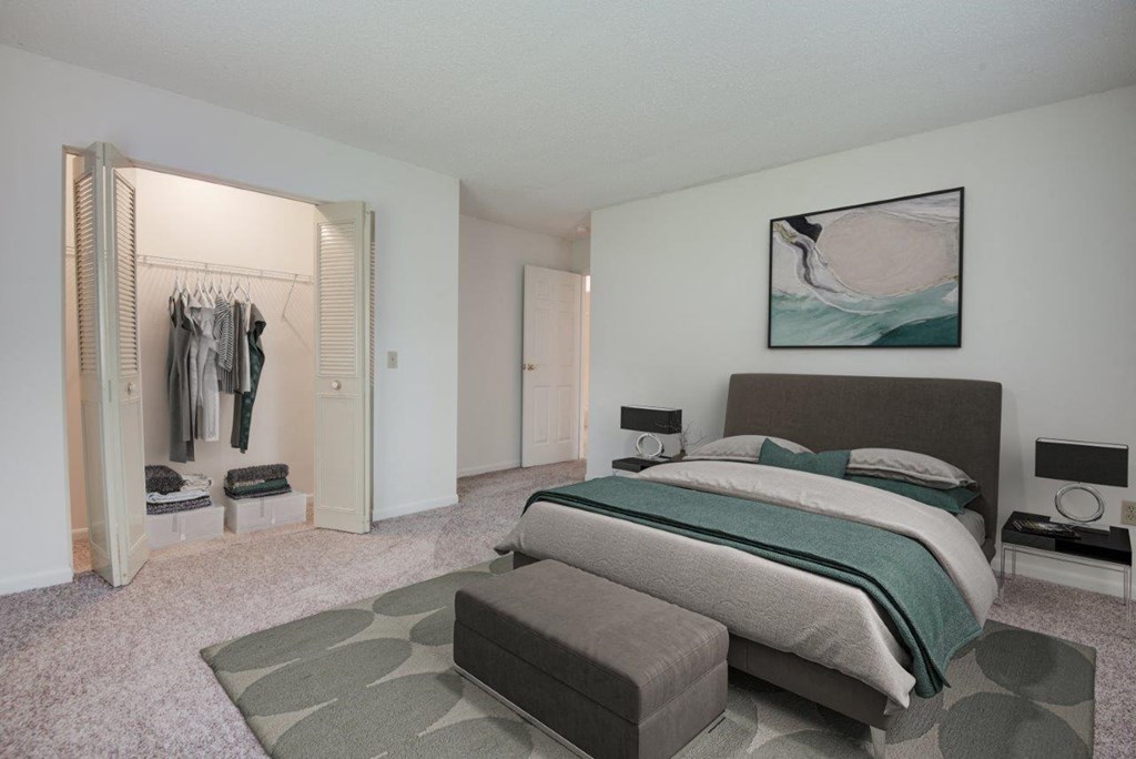 a bedroom with a bed and a closet