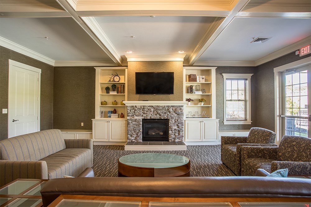a living room with couches and chairs and a fireplace