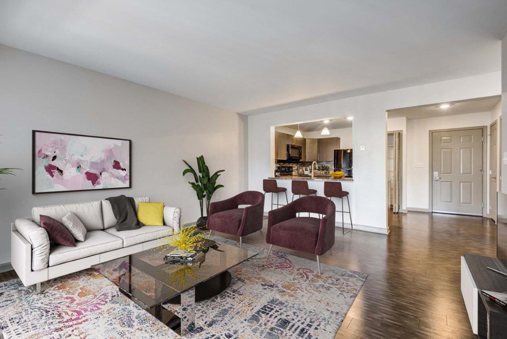 a living room with a couch and a table