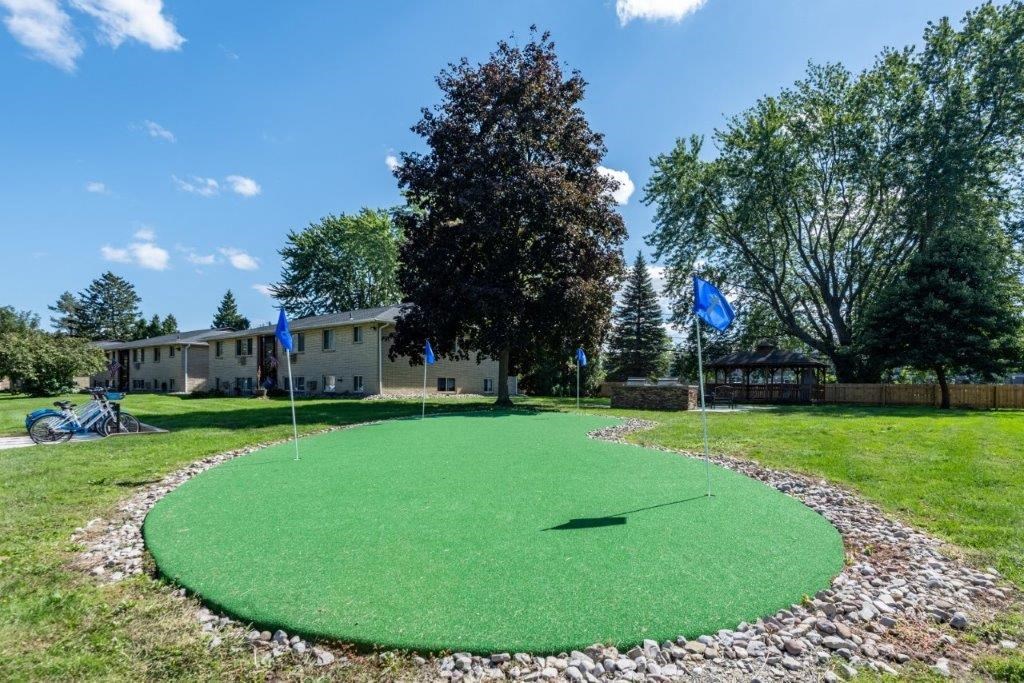 a putting green in the middle of a yard with blue flags