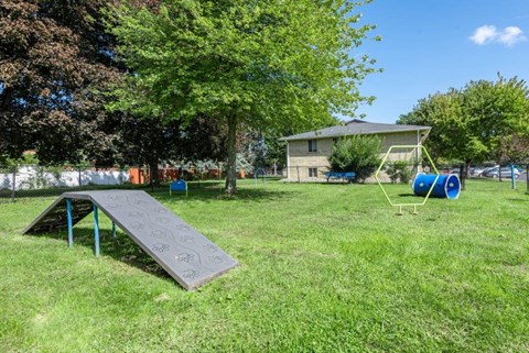 a backyard with a swing set and a seesaw in the grass