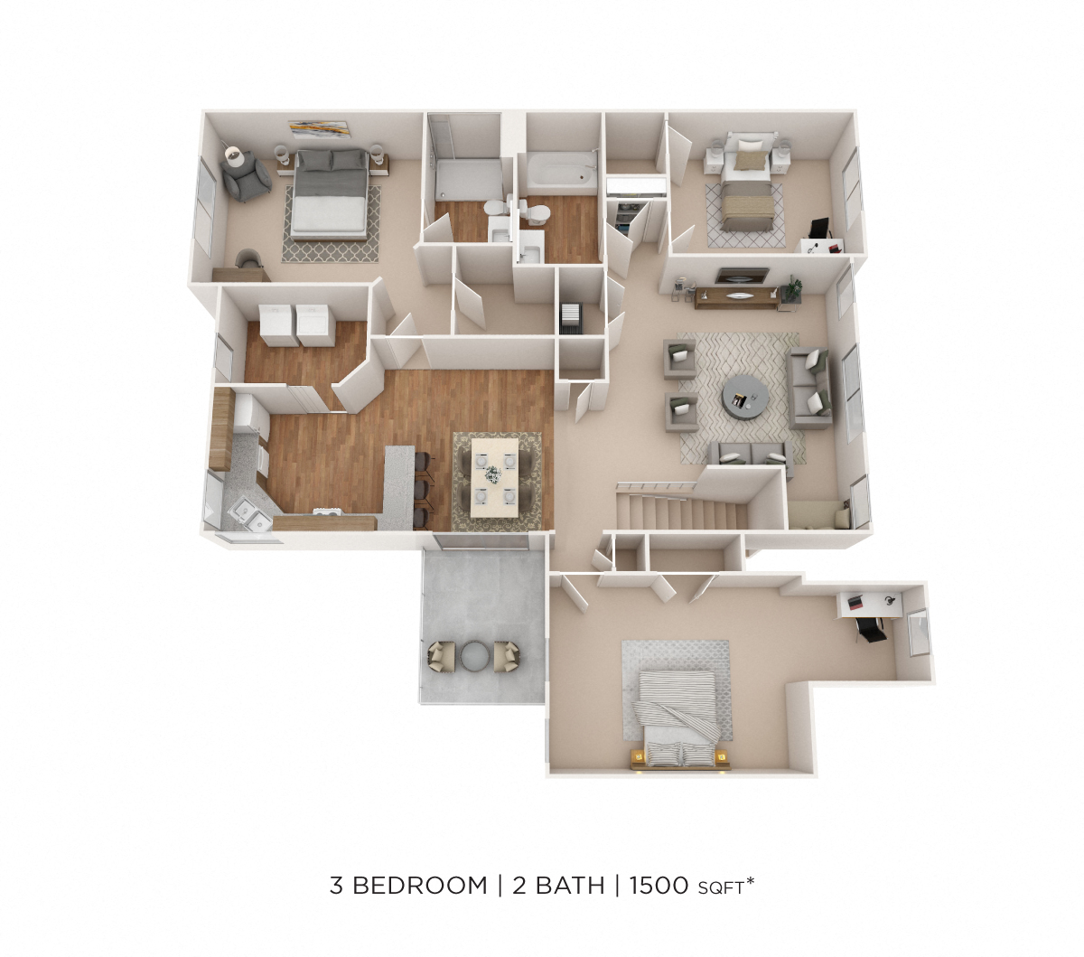 Three Bedroom 2 Bath- 1,500 sqft