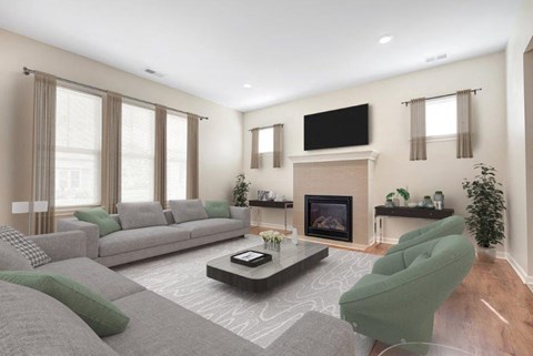 A living room with a grey sofa, a green armchair, and a fireplace.