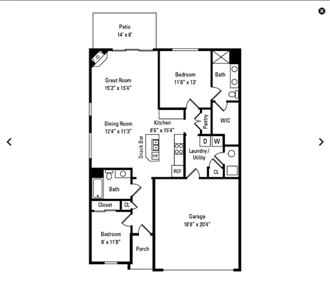 A floor plan of a house with a garage, two bedrooms, a great room, a dining room, a kitchen, a patio, a laundry/utility room, and a closet.