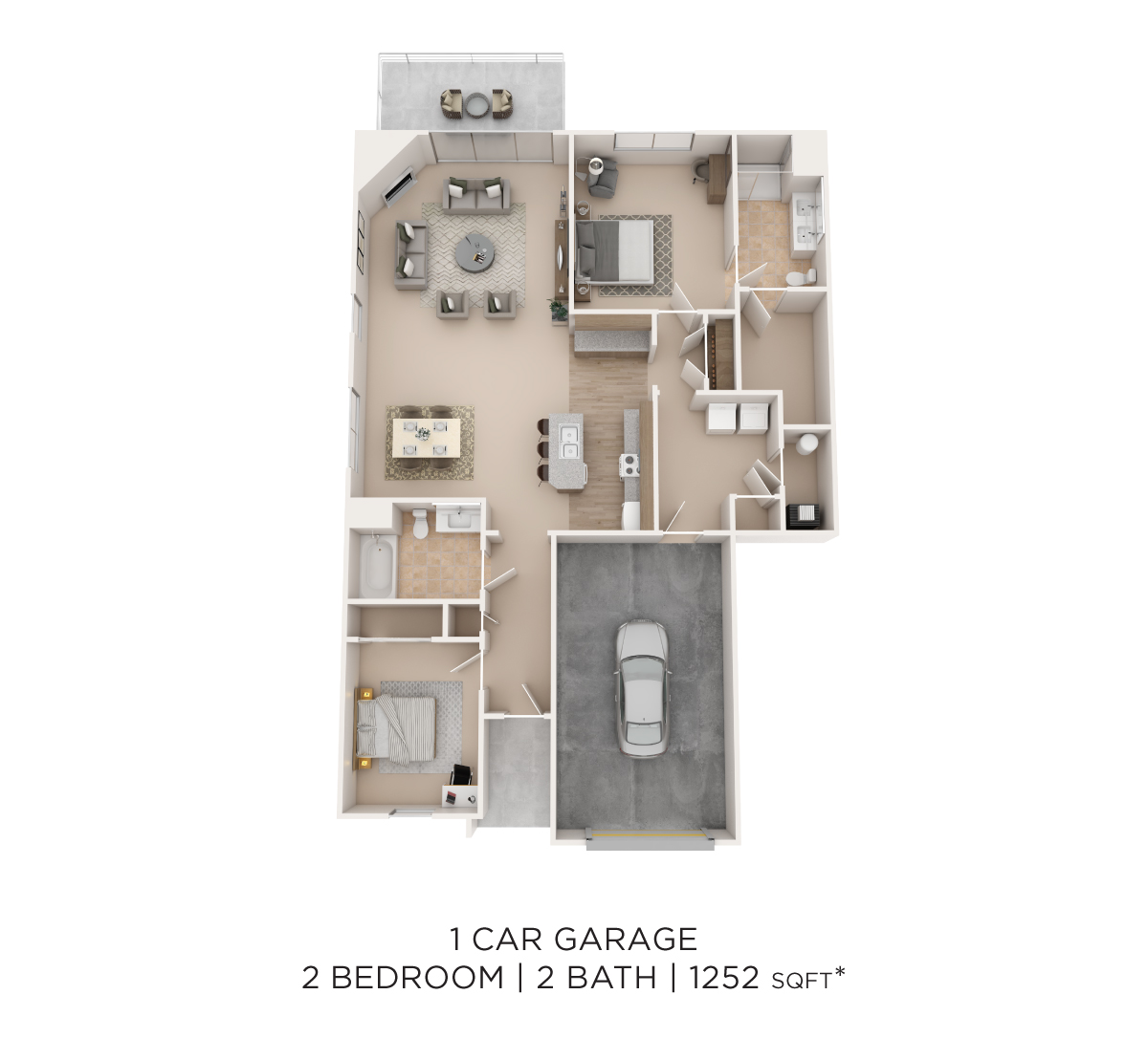 Two Bedroom 2 Bath - 1,252 sqft  1 Garage