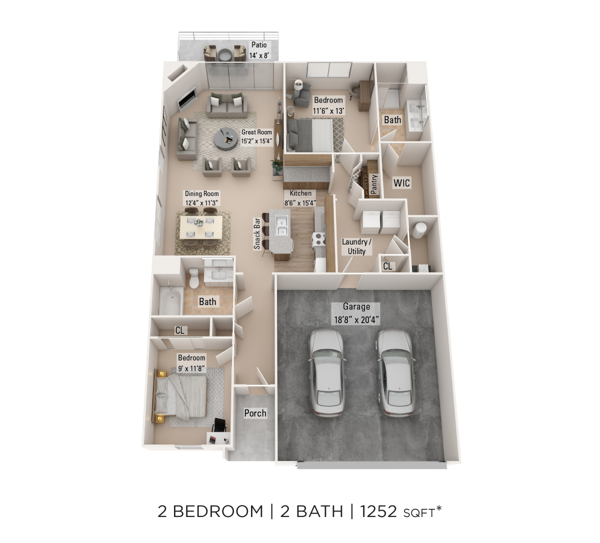 Two Bedroom 2 Bath - 1,252 sqft 2 Garage