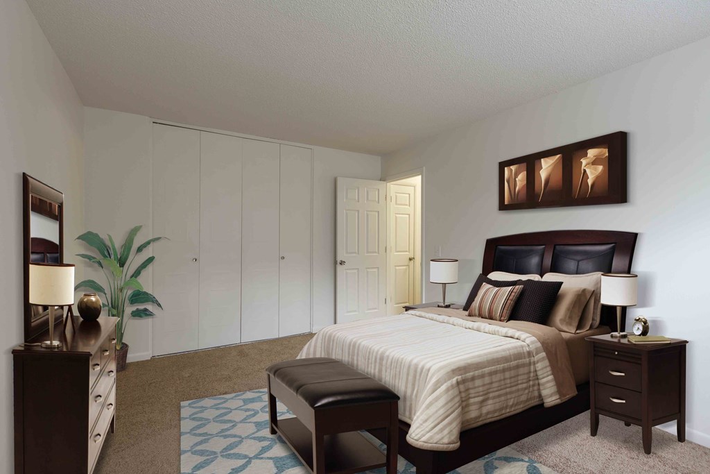 a bedroom with a bed and a closet