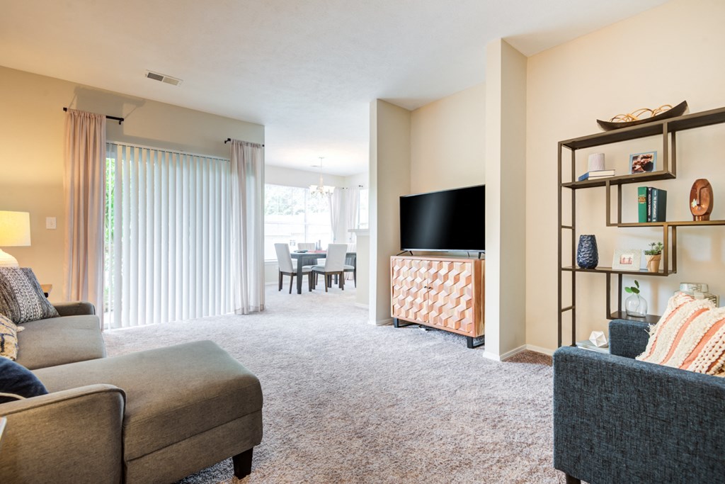 a living room with a couch and a chair and a television