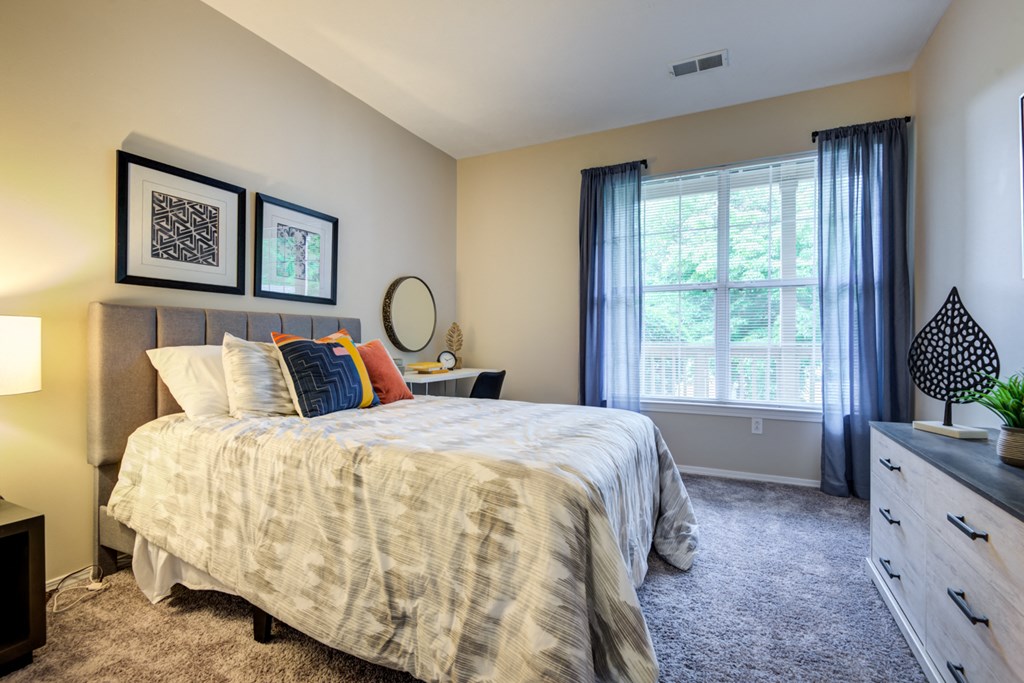 a bedroom with a bed and a dresser and a window