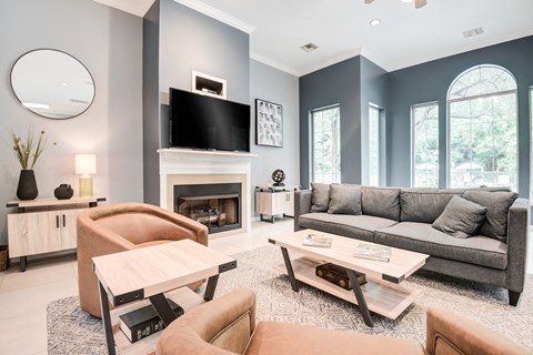 a living room with couches and a tv and a fireplace