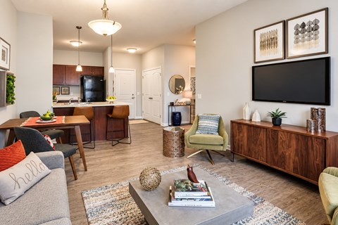 A living room with a grey sofa and a wooden cabinet.